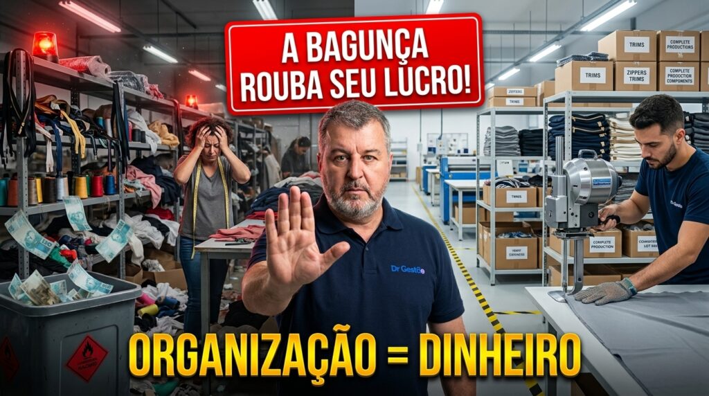Organização no chão de fábrica de confecção